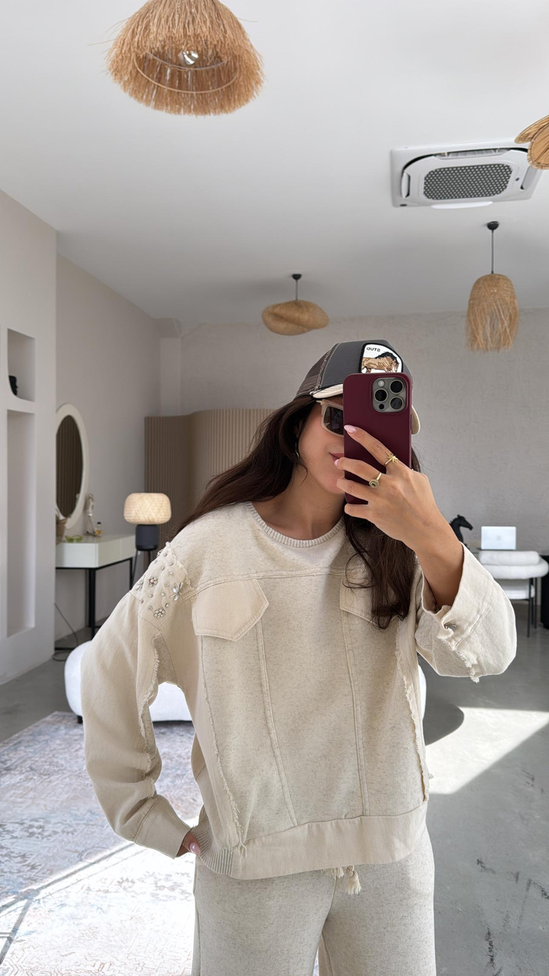 Bej Jean Detaylı Taşlı Premium Takım