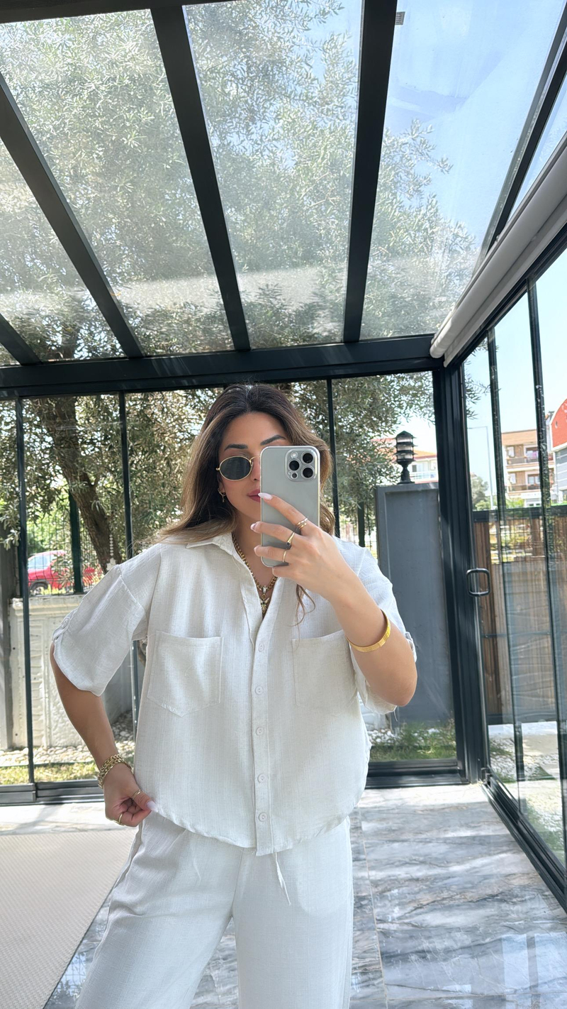 Bej Keten Gömlek Pantolon Takım