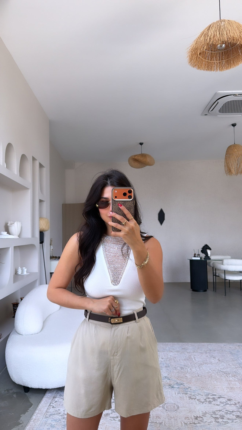 Bej Keten Premium Kemerli Şort