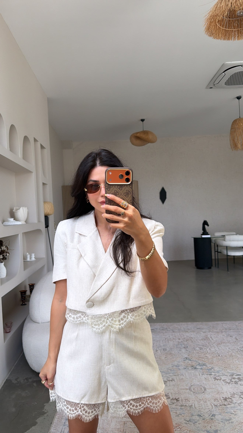 Bej Keten ZR Model Dantelli Şort Ceket Takım