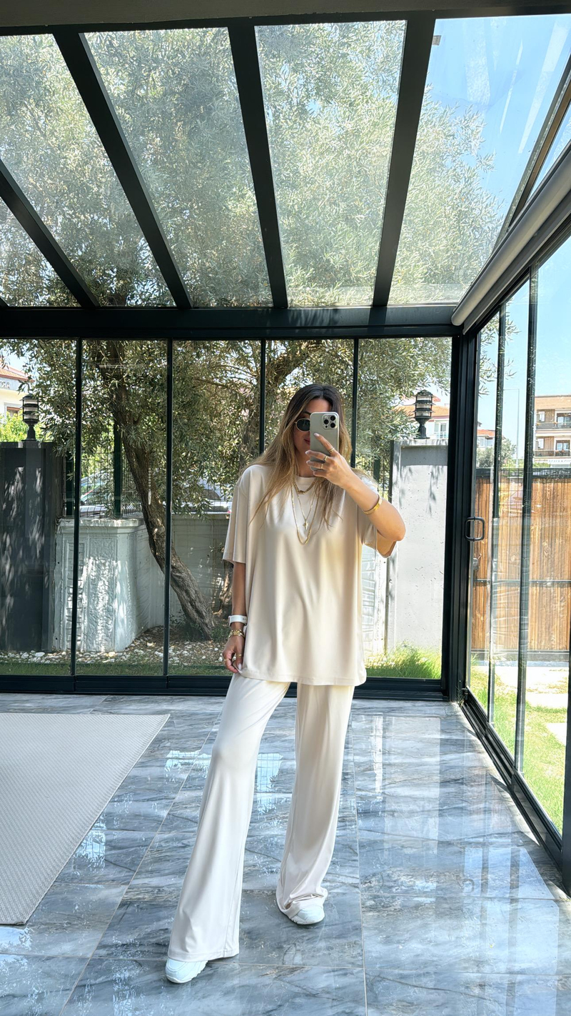 Bej Modal Kumaş Kısa Kol Pantolon Tshirt Takım