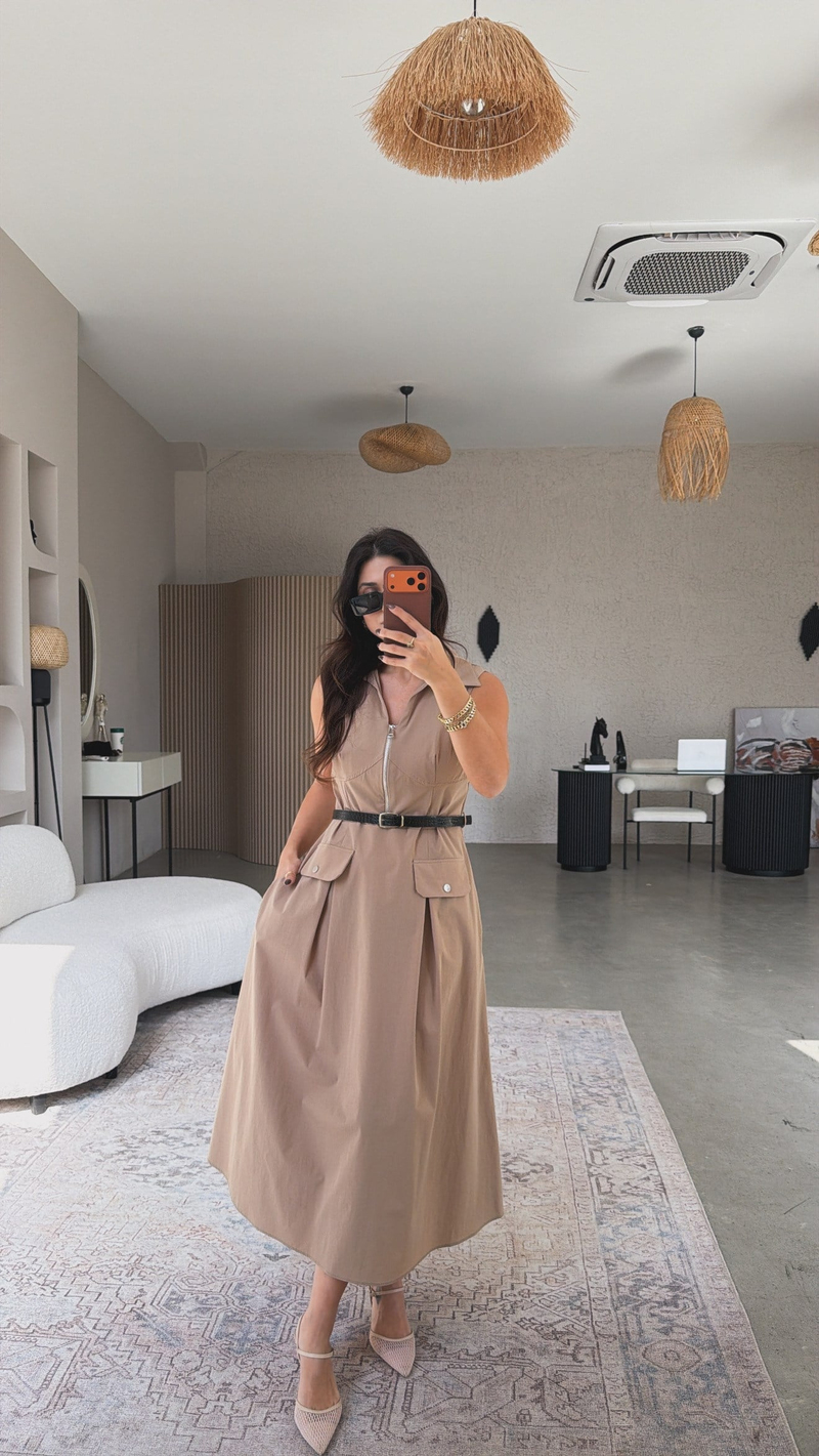 Bej Ntw Model Paraşüt Kumaş Kemerli Premium Elbise