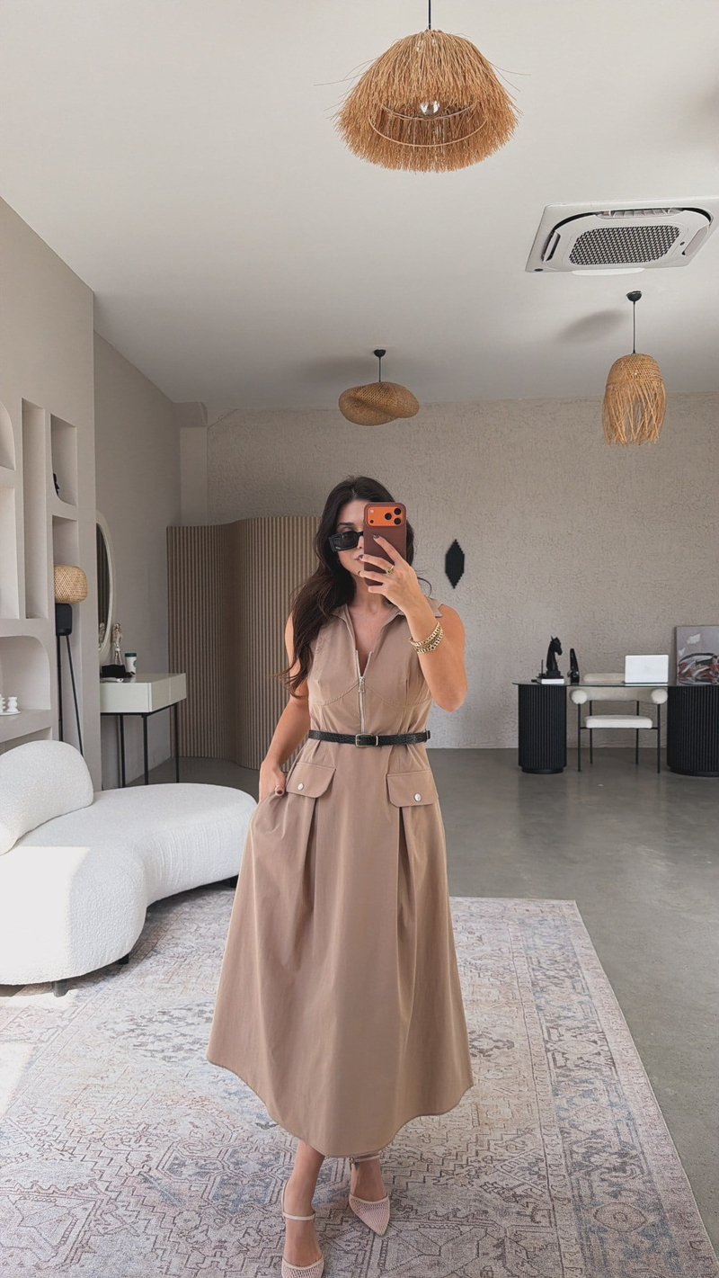 Bej Ntw Model Paraşüt Kumaş Kemerli Premium Elbise