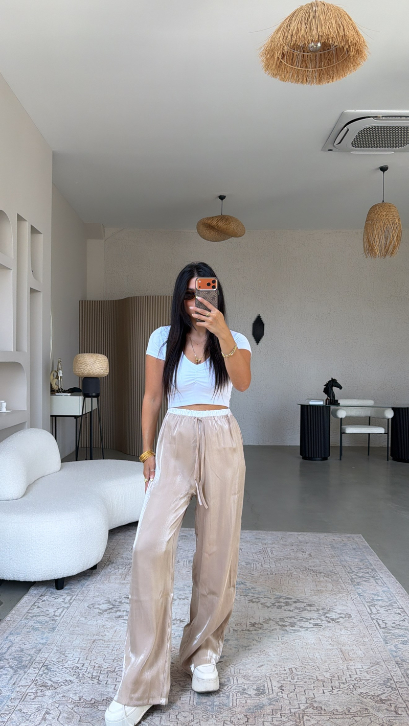 Bej Parlak Saten Beli Beyaz Detaylı Pantolon