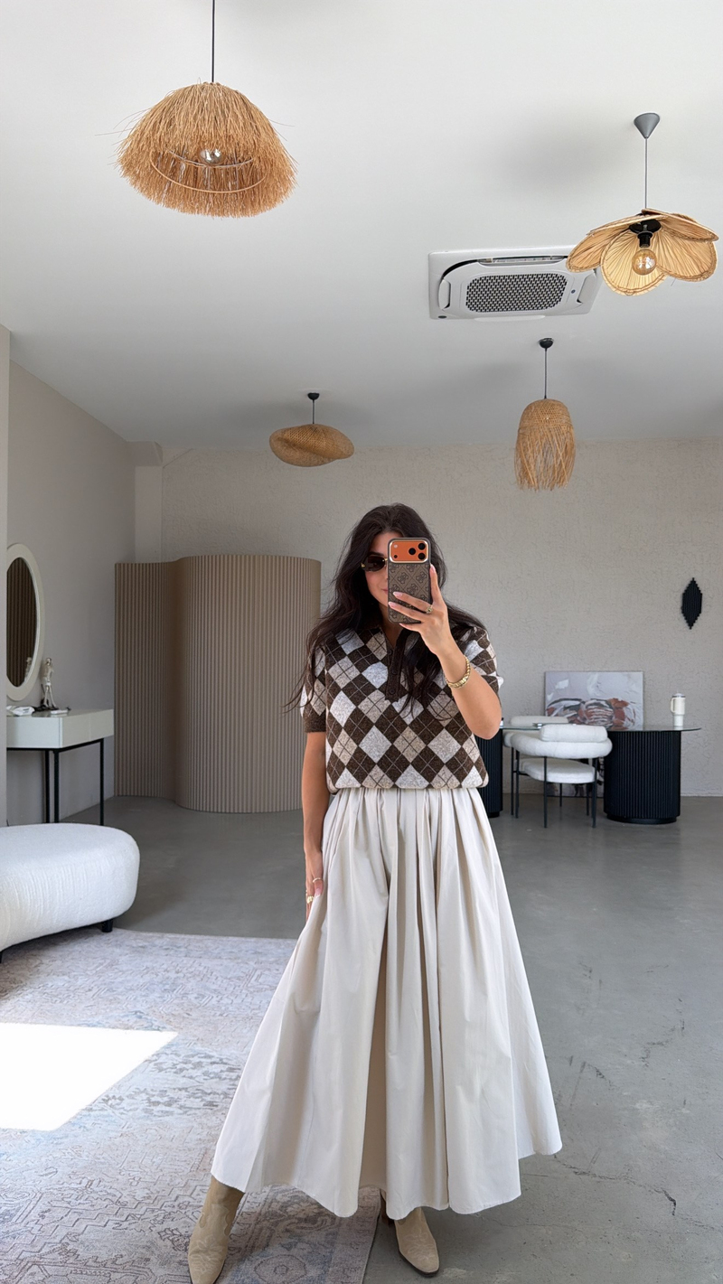 Bej Poplin Maxi Beli Lastikli Etek