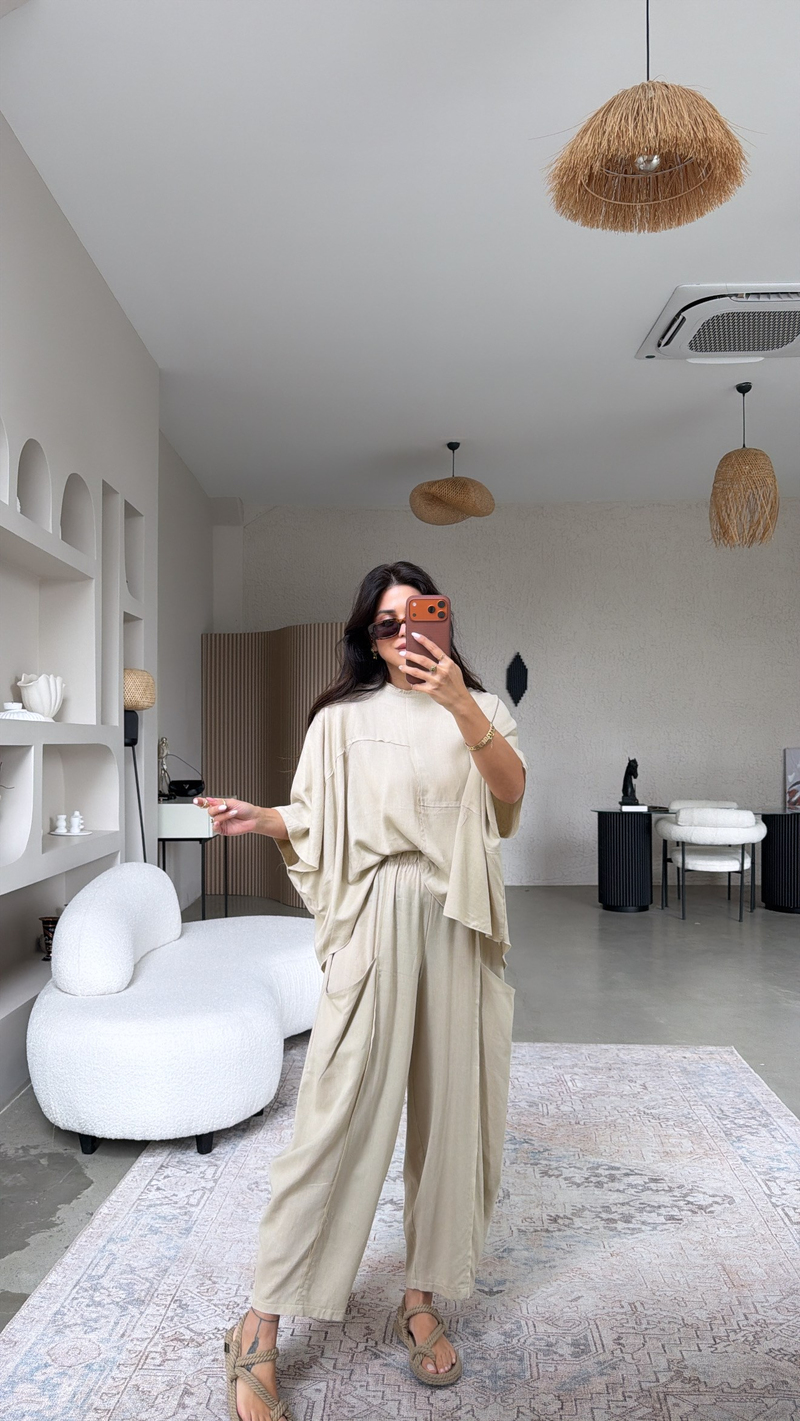 Bej Premium Linen Bohem Şalvar Dikişli Bluz Takım