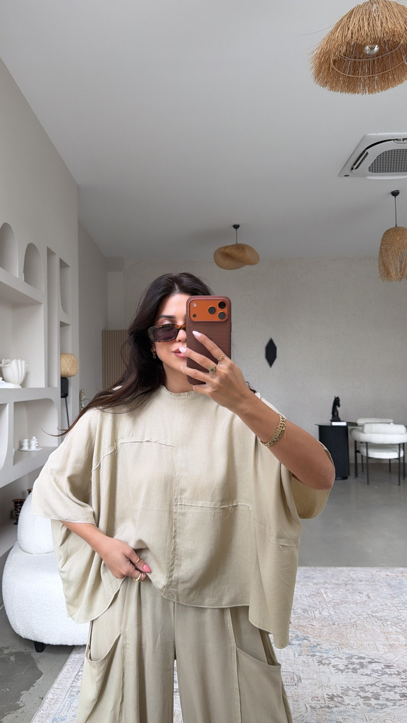 Bej Premium Linen Bohem Şalvar Dikişli Bluz Takım