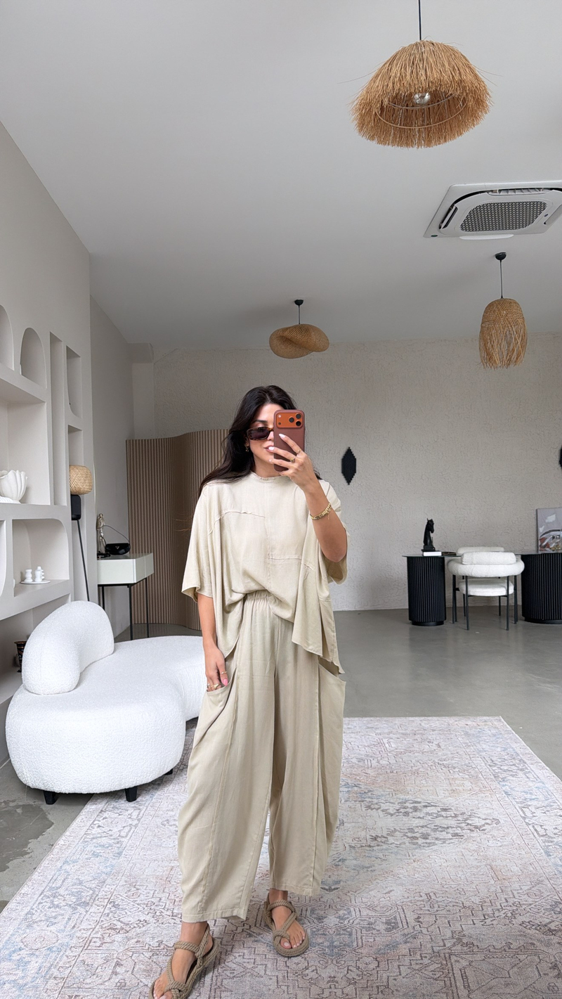 Bej Premium Linen Bohem Şalvar Dikişli Bluz Takım