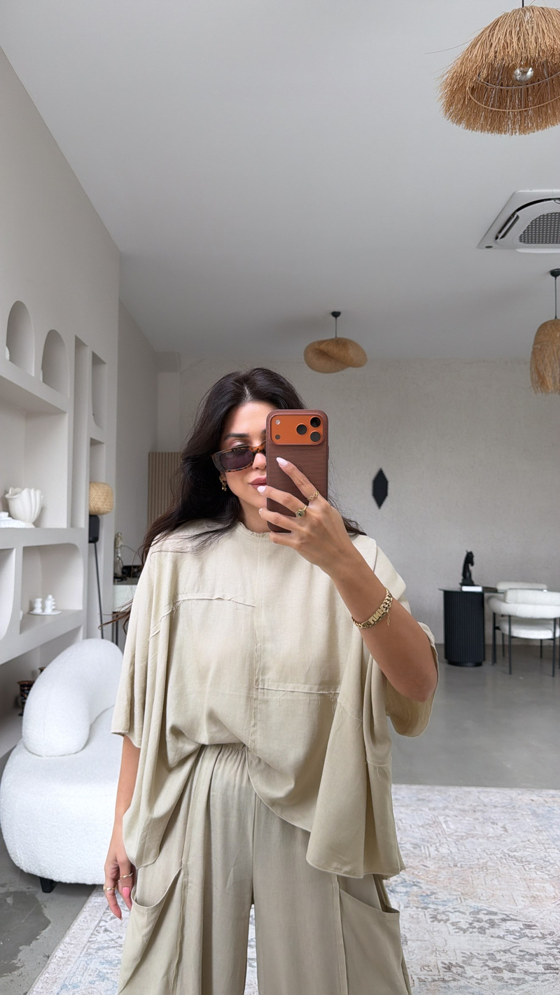Bej Premium Linen Bohem Şalvar Dikişli Bluz Takım