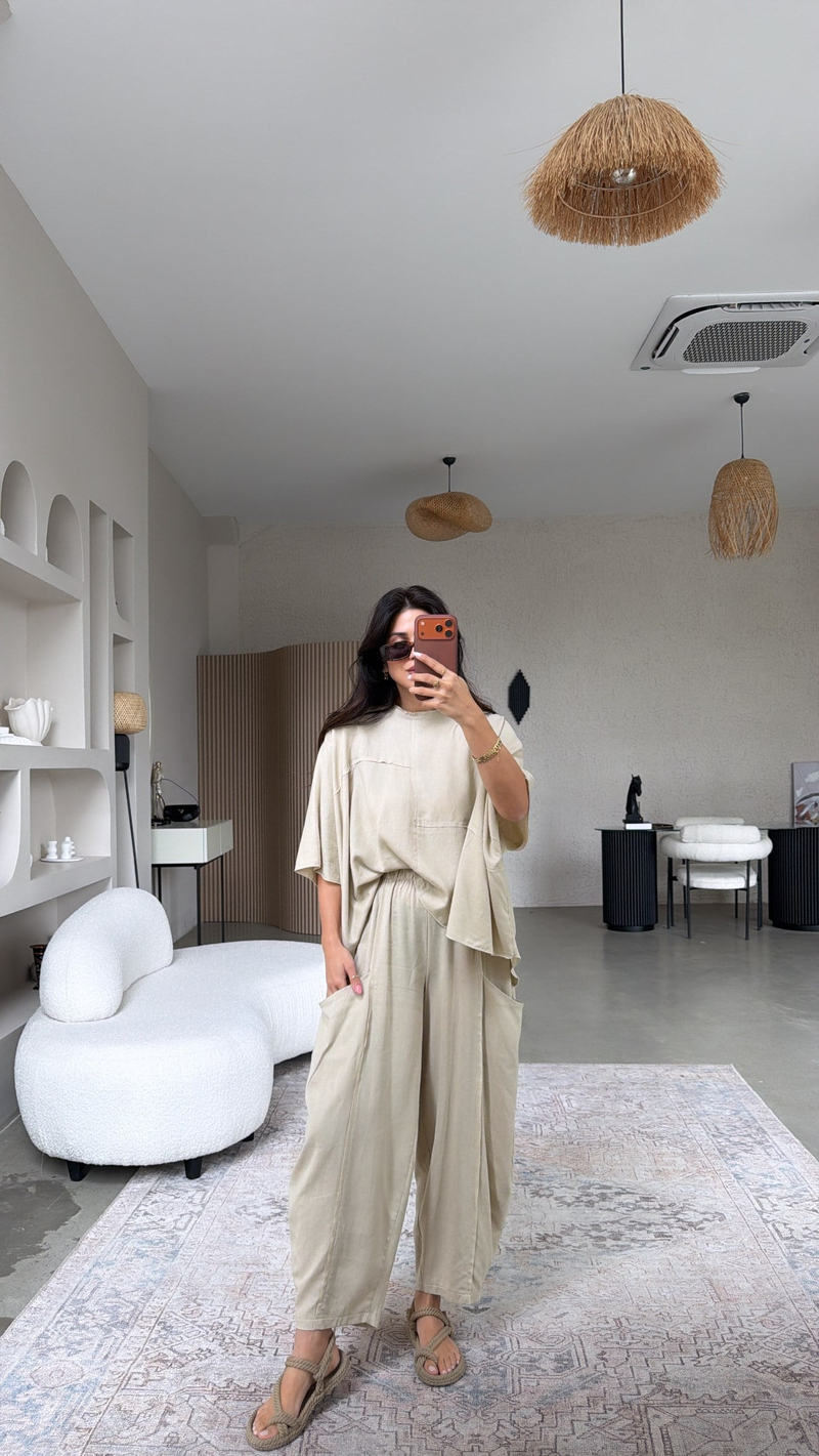 Bej Premium Linen Bohem Şalvar Dikişli Bluz Takım