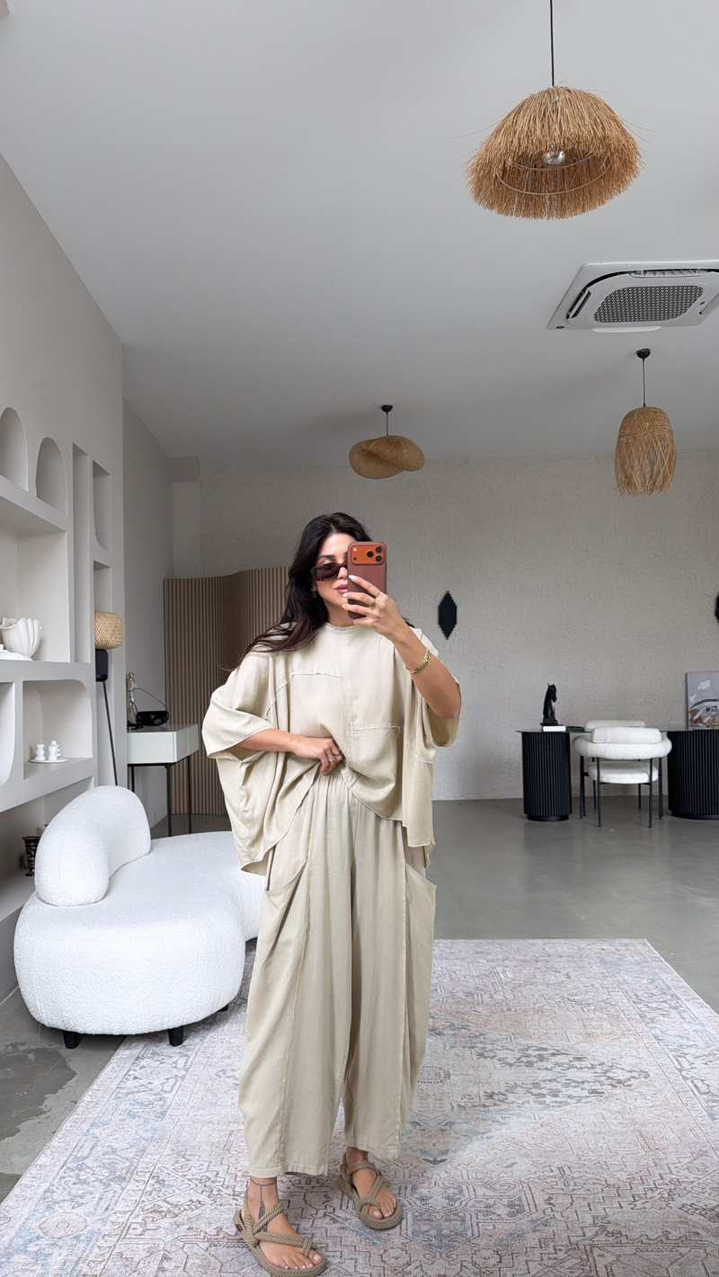Bej Premium Linen Bohem Şalvar Dikişli Bluz Takım