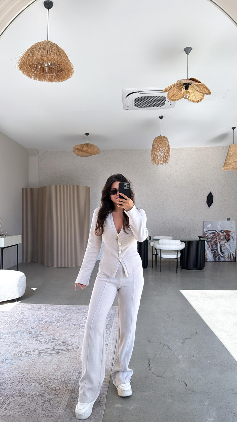 Bej Selanik Triko ZR model Hırka Pantolon Takım