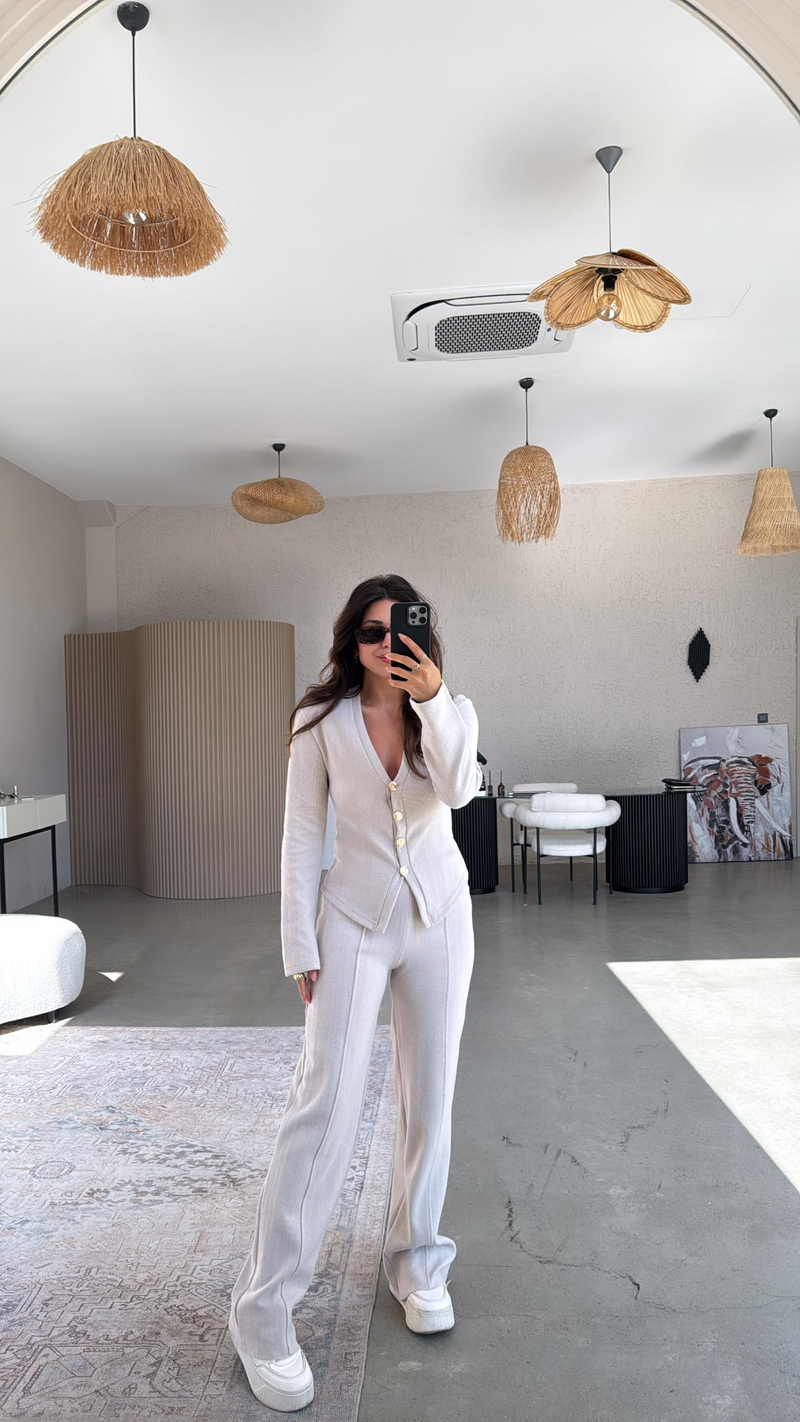 Bej Selanik Triko ZR model Hırka Pantolon Takım