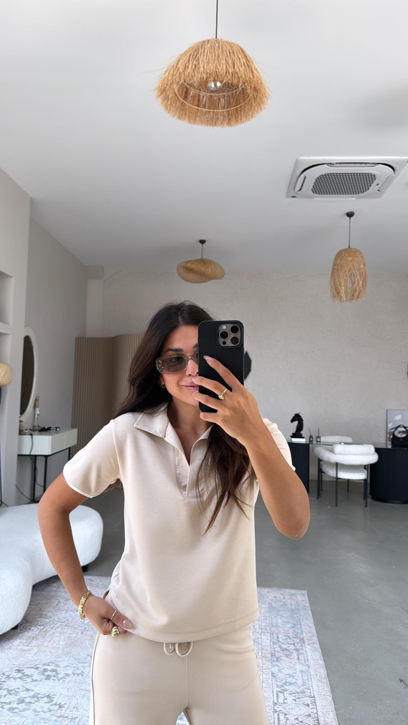 Bej Yakalı Biyeli Modal Takım