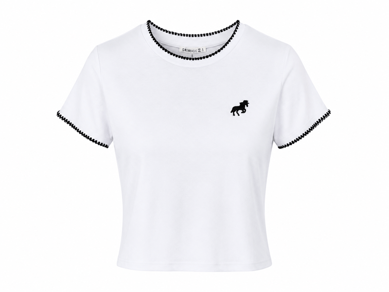 Beyaz At Nakışlı Pamuk Tshirt