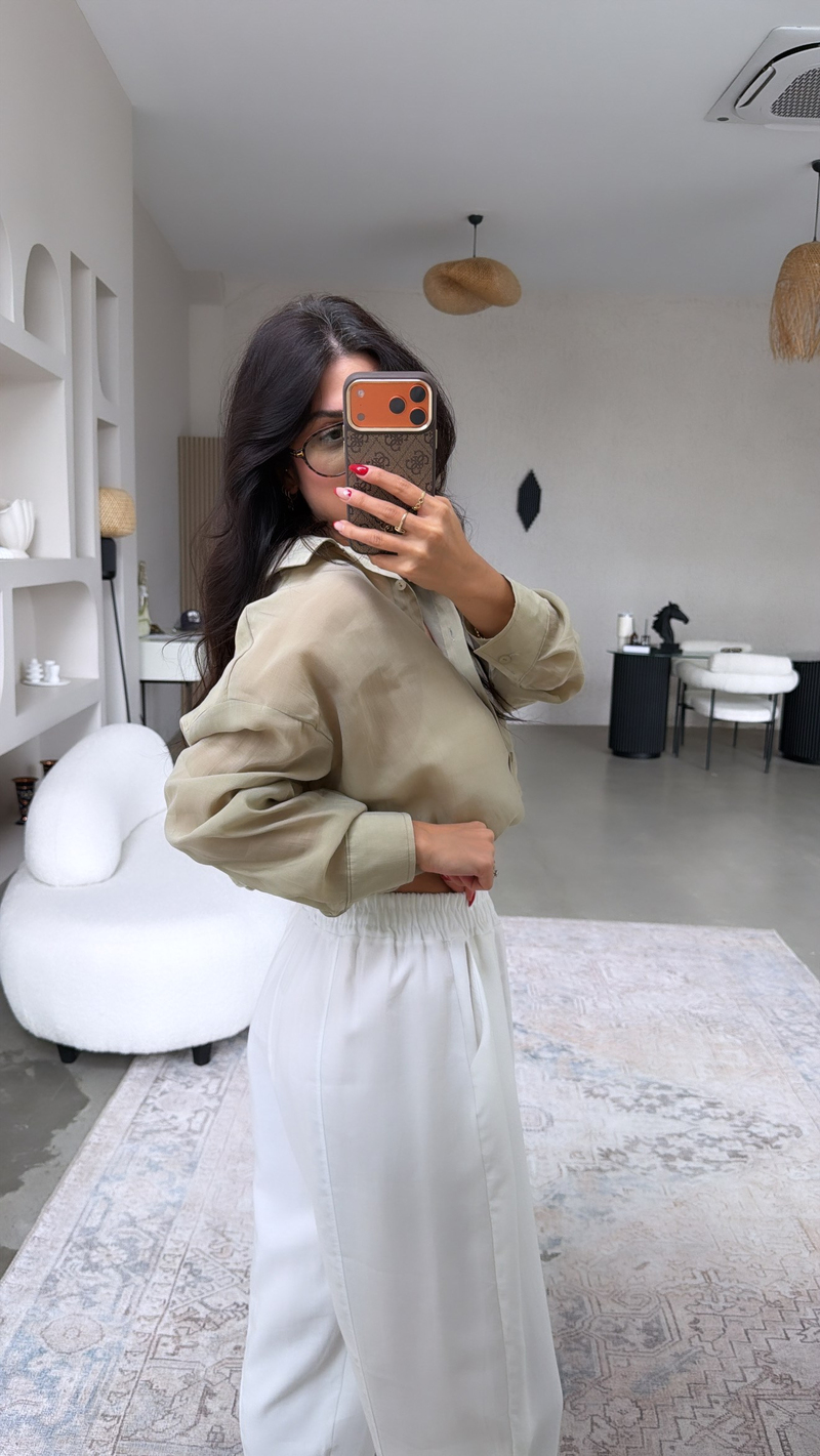 Beyaz Beli Lastikli Baggy Yıkamalı Tensel Kumaş Premium Pantolon