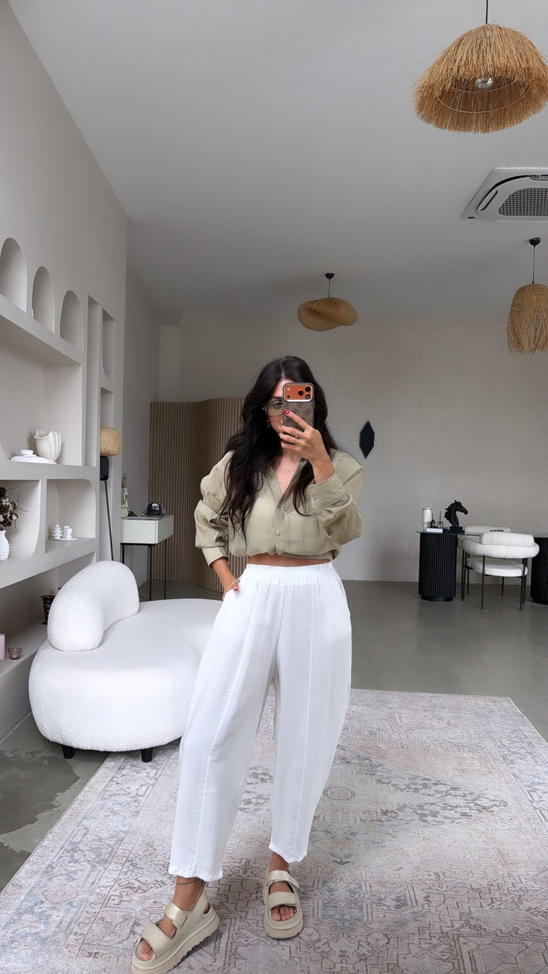 Beyaz Beli Lastikli Baggy Yıkamalı Tensel Kumaş Premium Pantolon