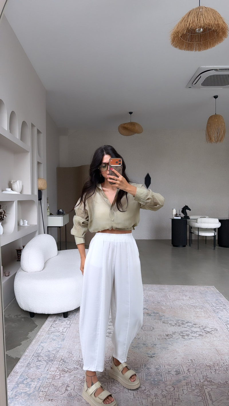 Beyaz Beli Lastikli Baggy Yıkamalı Tensel Kumaş Premium Pantolon