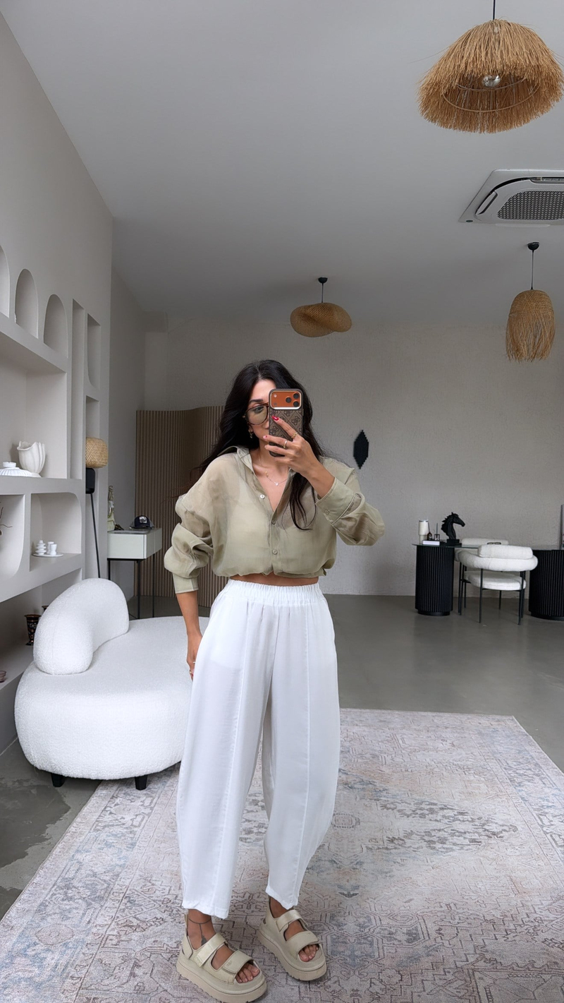 Beyaz Beli Lastikli Baggy Yıkamalı Tensel Kumaş Premium Pantolon