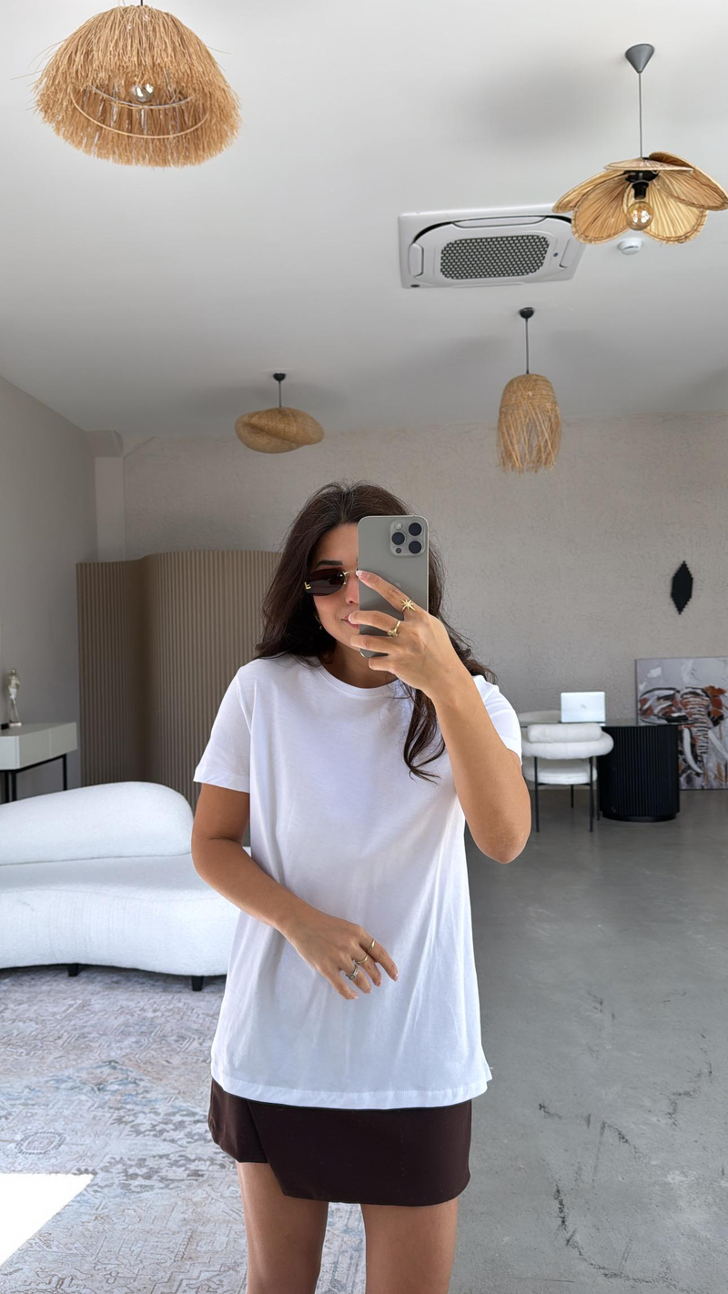 Beyaz Bisiklet Yaka Basic Tshirt