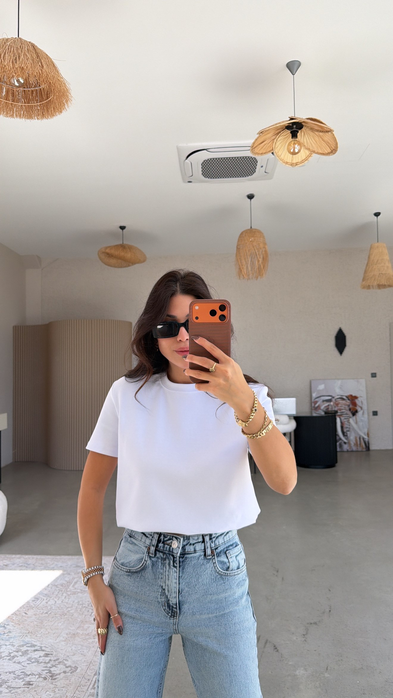 Beyaz BT Yüzde Yüz Tok Pamuk Doku Bisiklet Yaka Tshirt