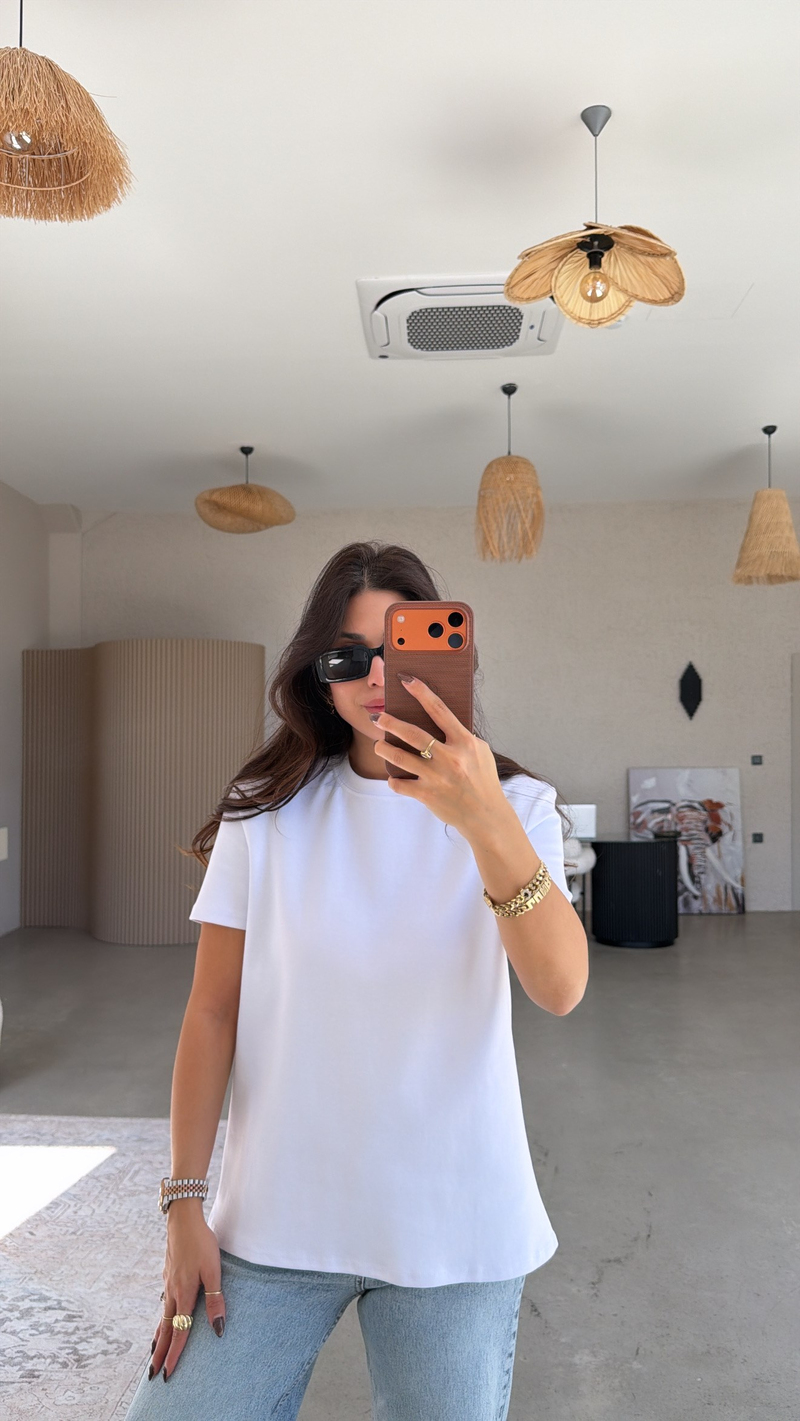 Beyaz BT Yüzde Yüz Tok Pamuk Doku Bisiklet Yaka Tshirt