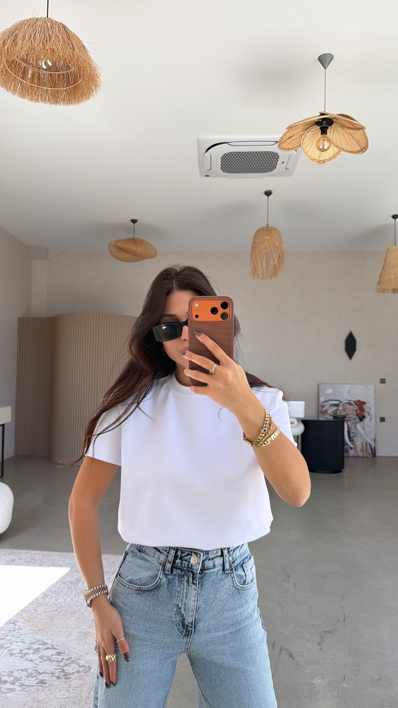 Beyaz BT Yüzde Yüz Tok Pamuk Doku Bisiklet Yaka Tshirt