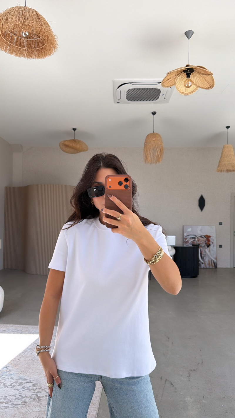 Beyaz BT Yüzde Yüz Tok Pamuk Doku Bisiklet Yaka Tshirt