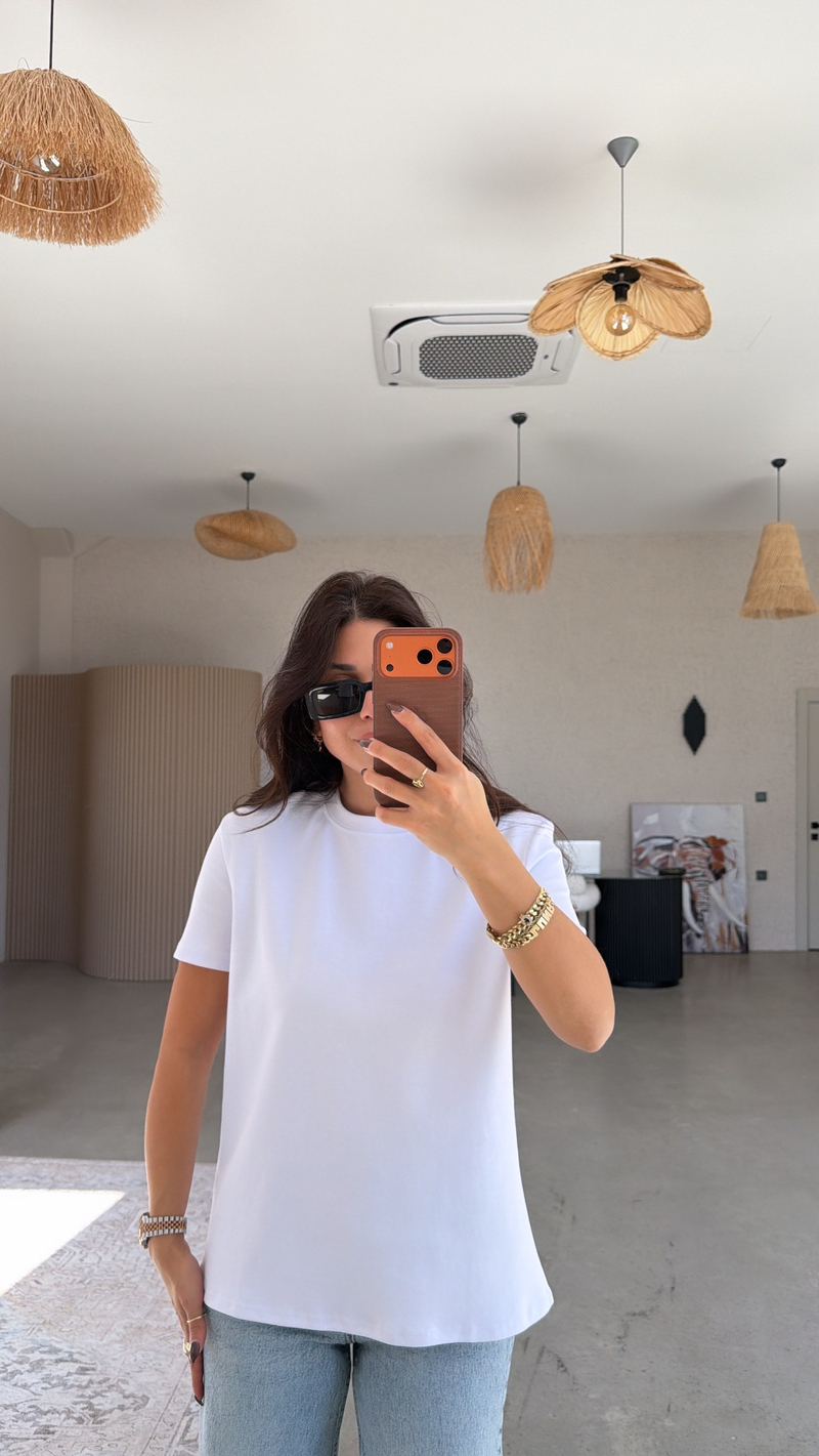 Beyaz BT Yüzde Yüz Tok Pamuk Doku Bisiklet Yaka Tshirt