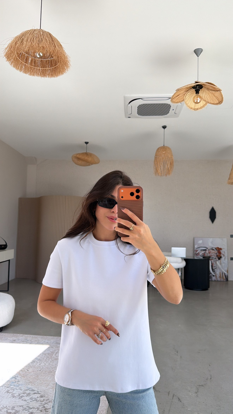 Beyaz BT Yüzde Yüz Tok Pamuk Doku Bisiklet Yaka Tshirt