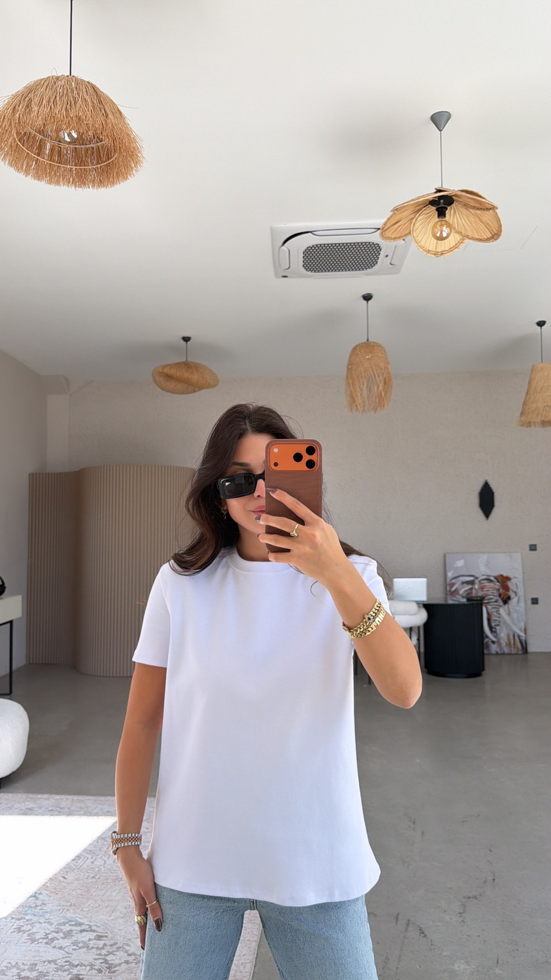 Beyaz BT Yüzde Yüz Tok Pamuk Doku Bisiklet Yaka Tshirt