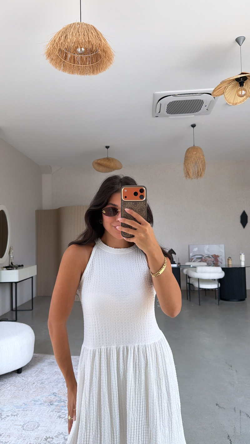 Beyaz Bubble Halter Yaka Elbise