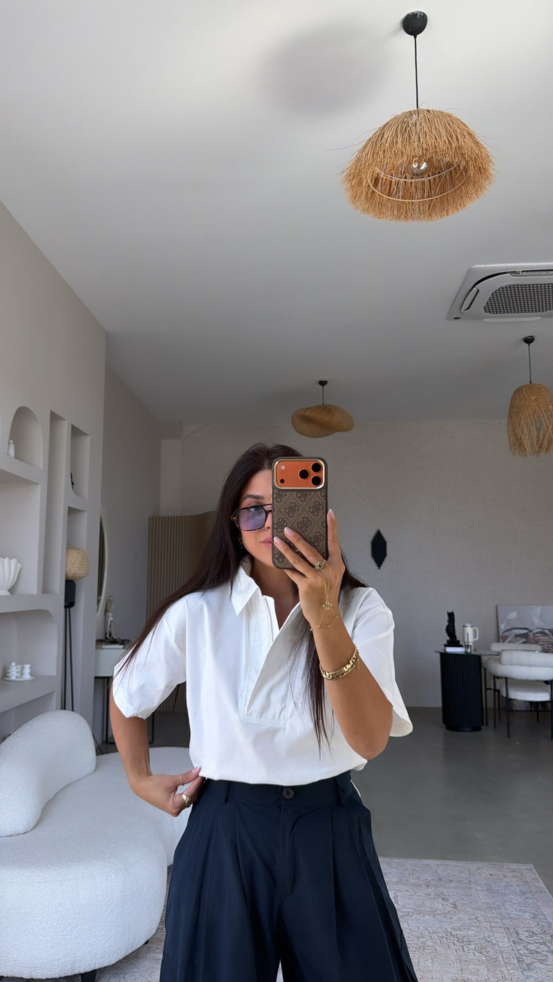 Beyaz Crop Fermuarlı Yakalı Gömlek Bluz