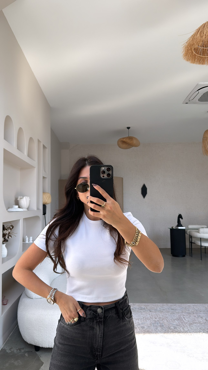 Beyaz Crop Pamuk Basic Kısa Kol Tshirt