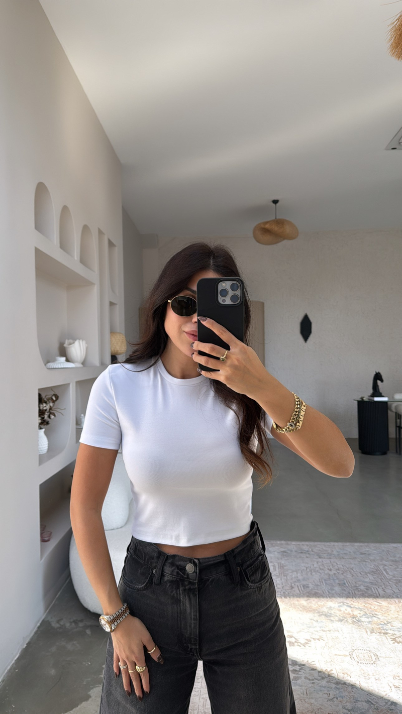 Beyaz Crop Pamuk Basic Kısa Kol Tshirt