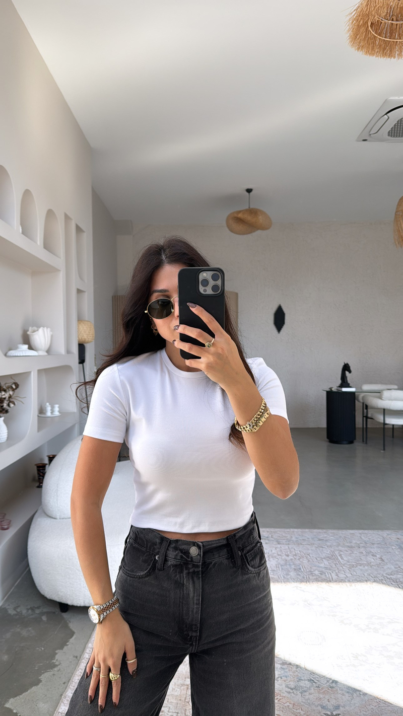 Beyaz Crop Pamuk Basic Kısa Kol Tshirt