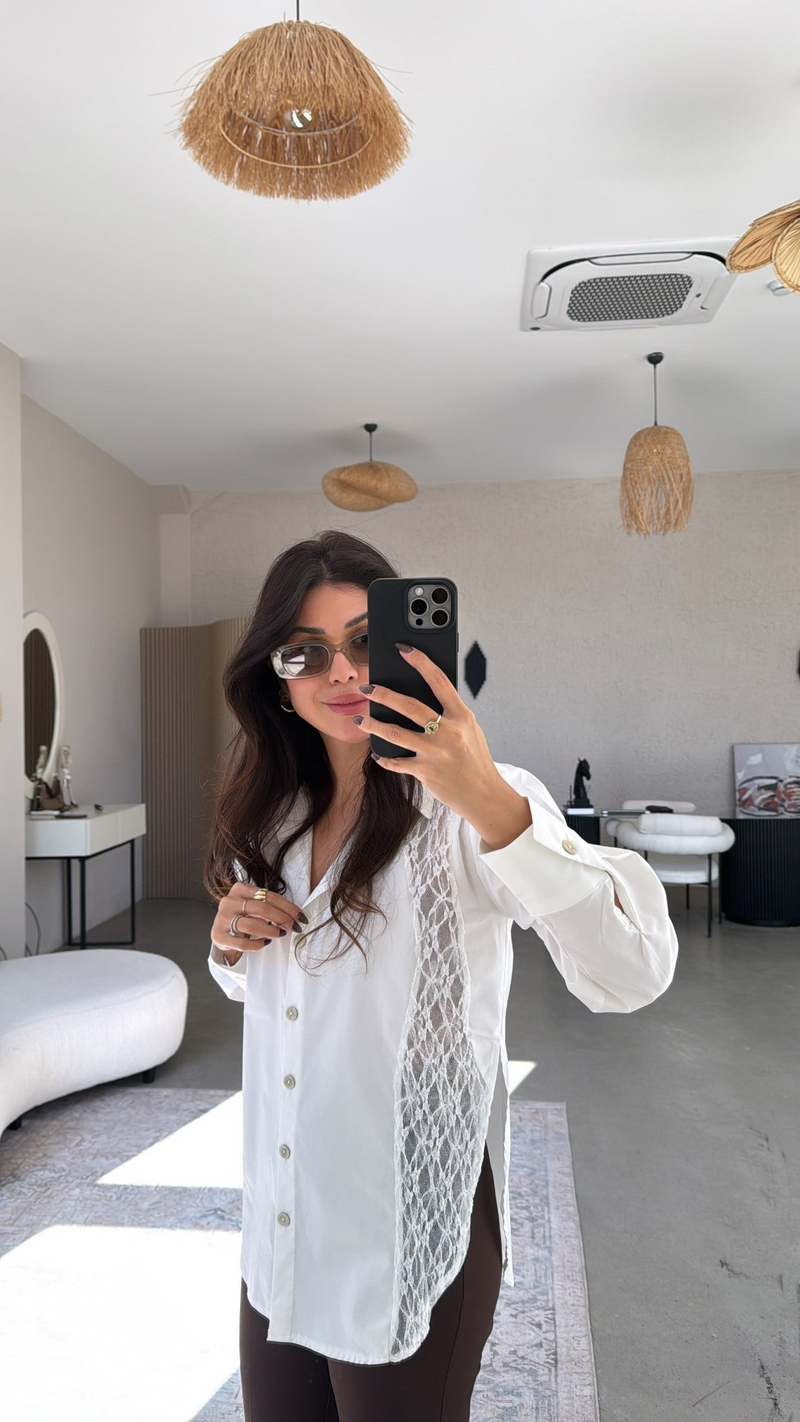 Beyaz Dantel Detaylı Poplin Premium Gömlek