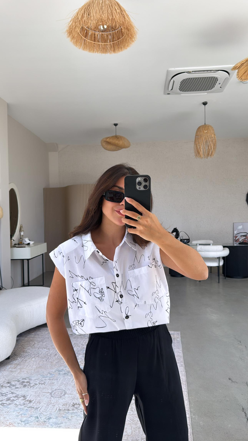 Beyaz Desenli Poplin Vatkalı Oversize Gömlek