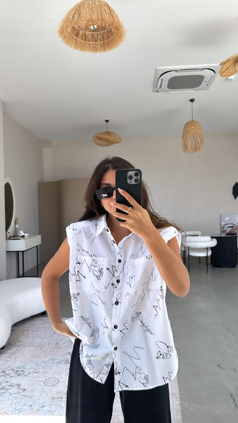 Beyaz Desenli Poplin Vatkalı Oversize Gömlek