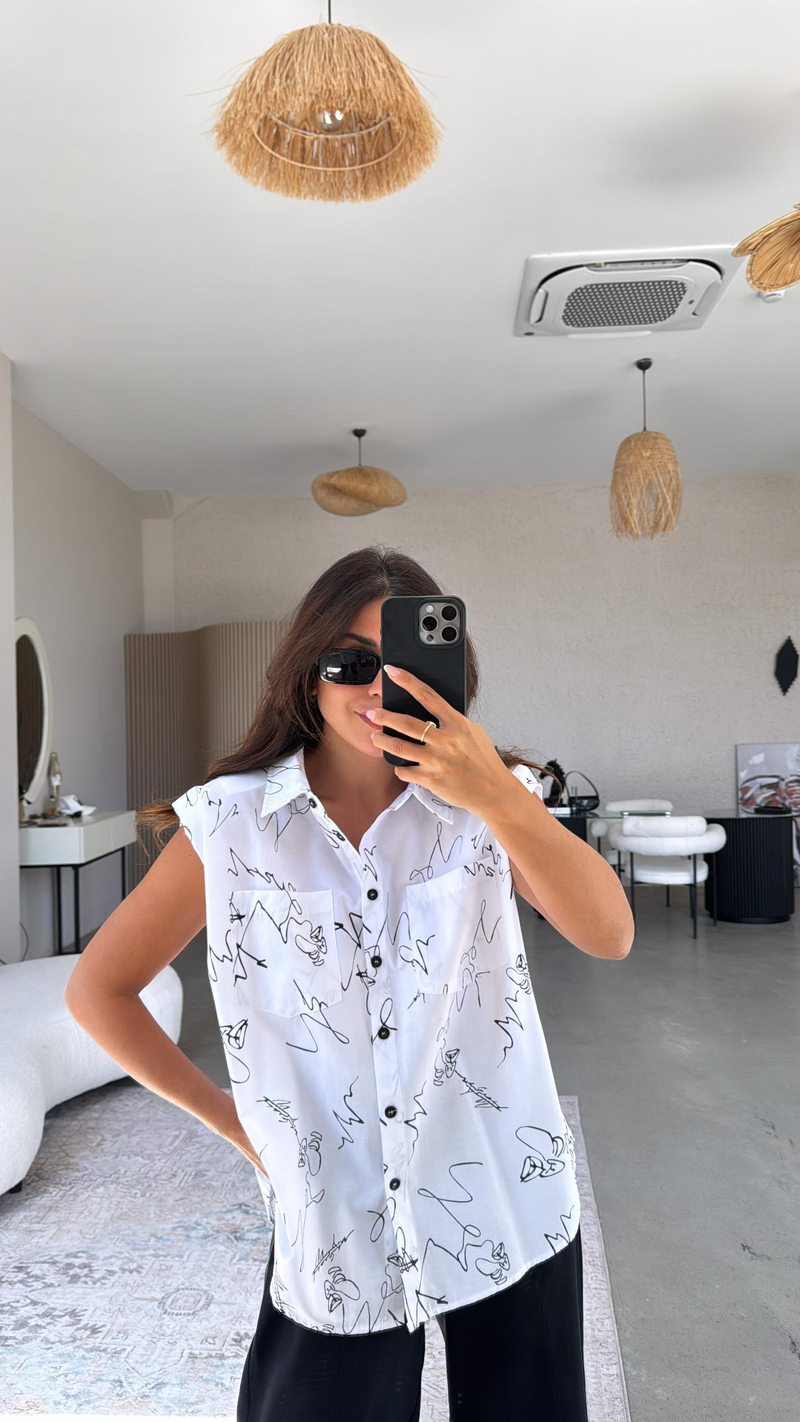 Beyaz Desenli Poplin Vatkalı Oversize Gömlek
