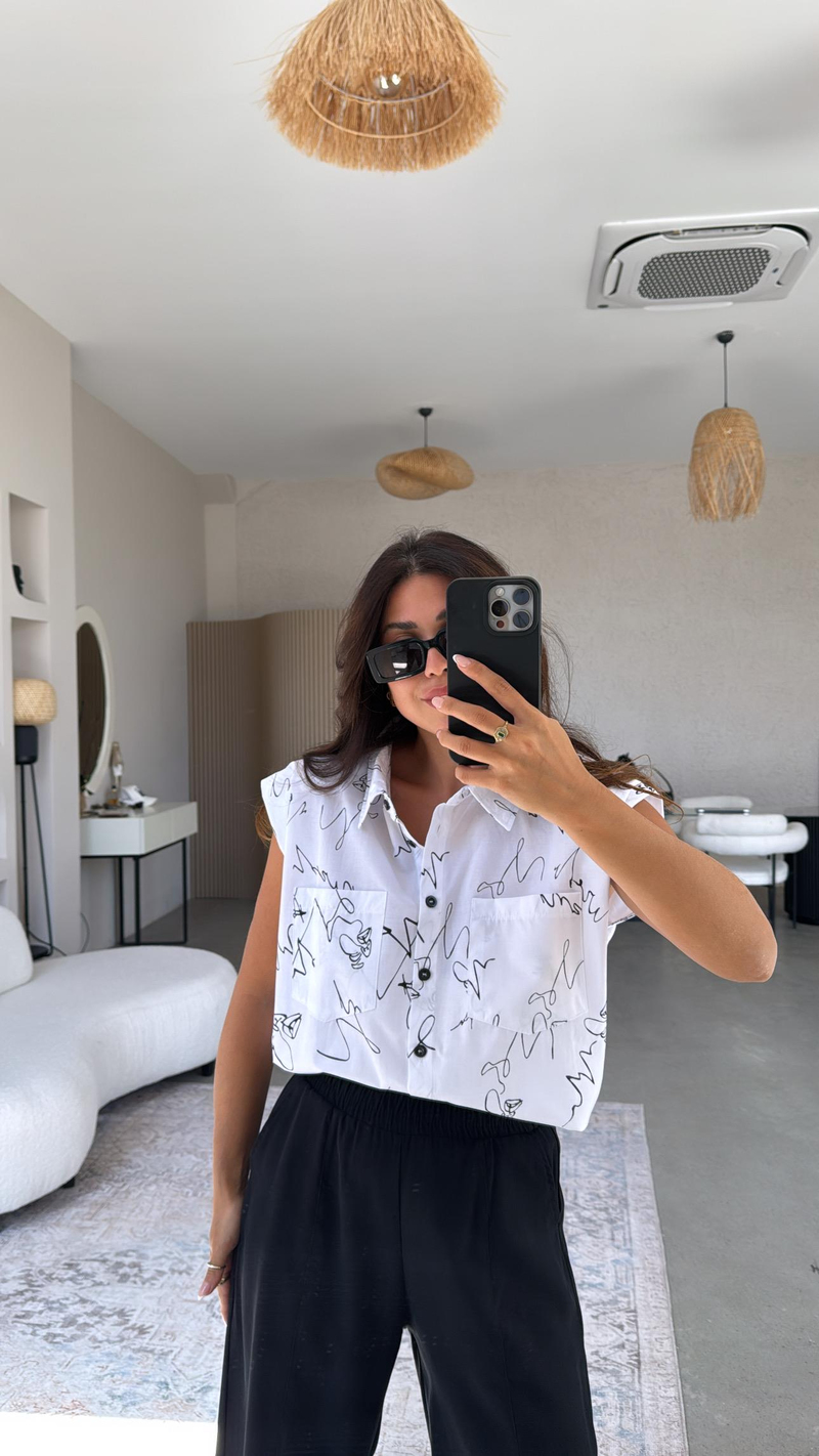Beyaz Desenli Poplin Vatkalı Oversize Gömlek