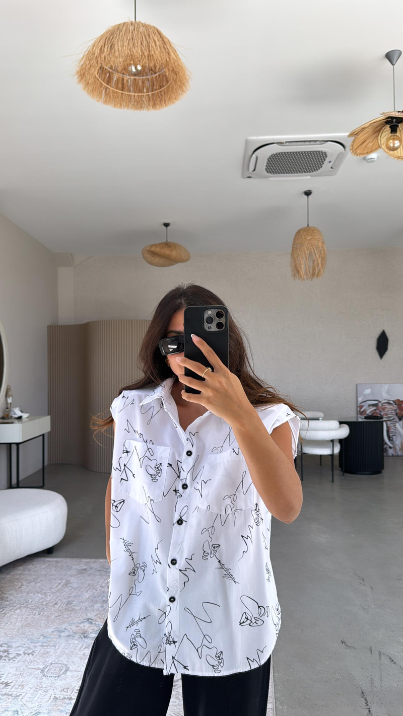 Beyaz Desenli Poplin Vatkalı Oversize Gömlek