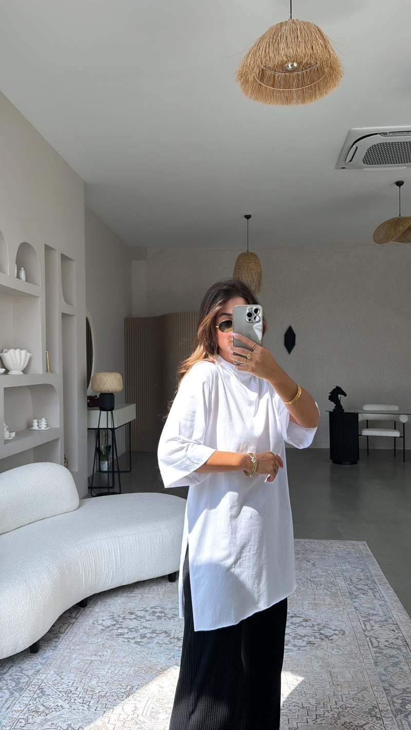 Beyaz Duble Kol Yırtmaçlı Tshirt Tunik