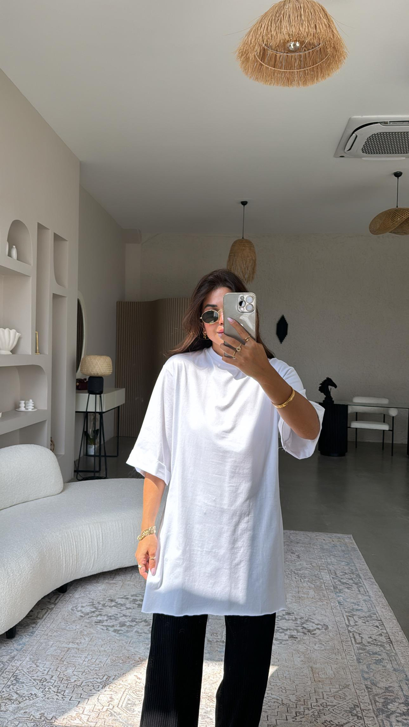 Beyaz Duble Kol Yırtmaçlı Tshirt Tunik