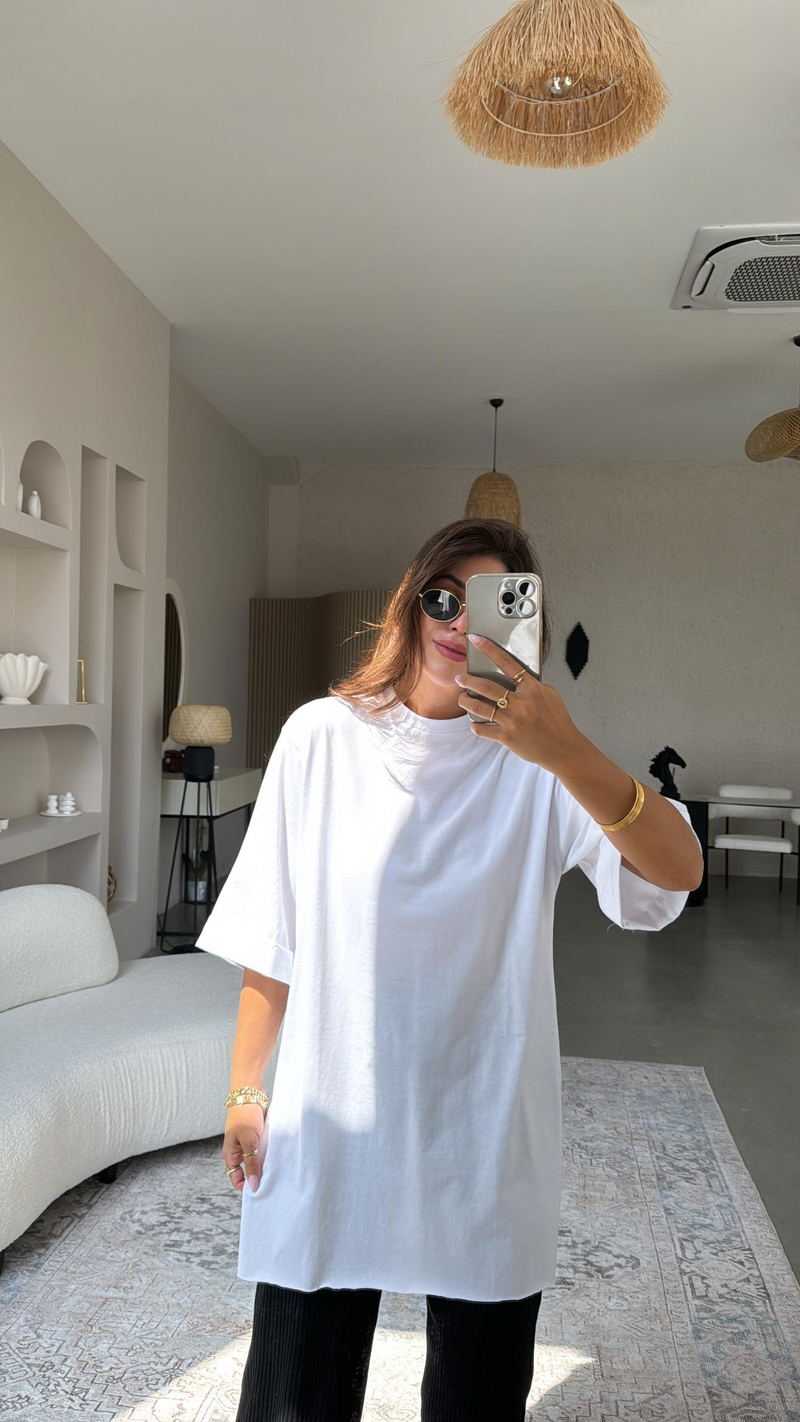 Beyaz Duble Kol Yırtmaçlı Tshirt Tunik