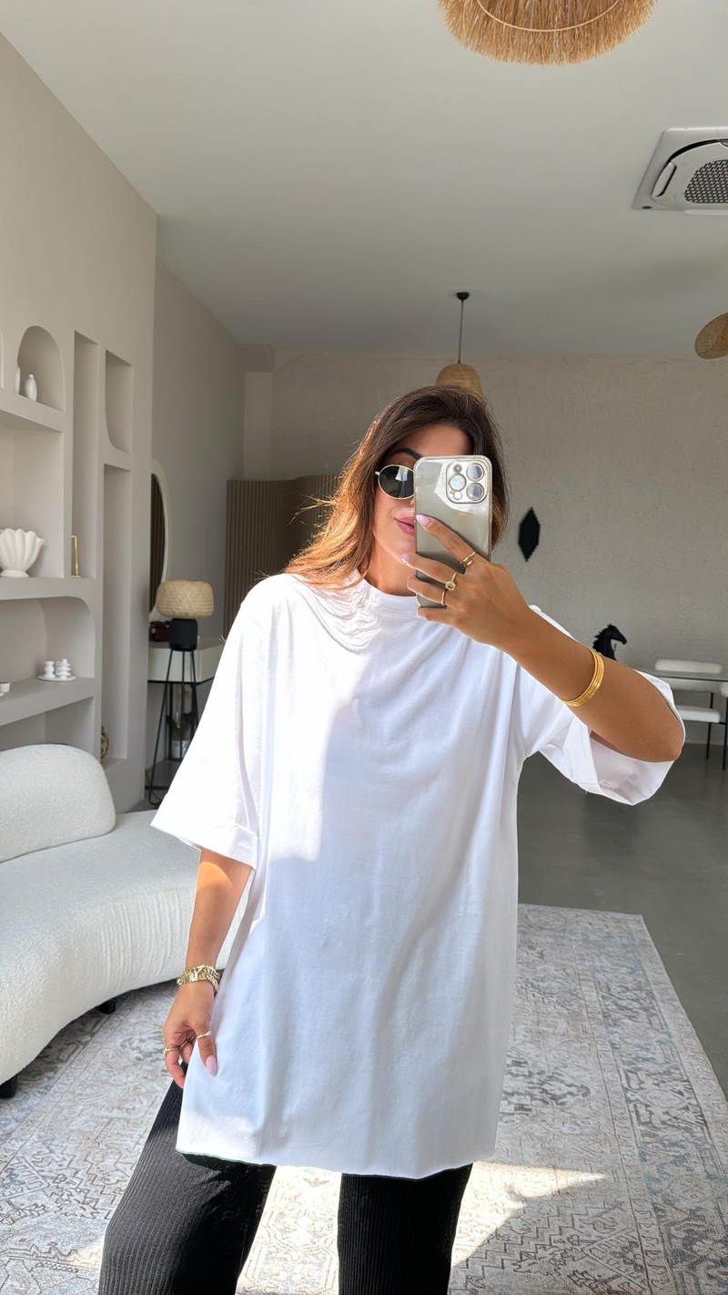 Beyaz Duble Kol Yırtmaçlı Tshirt Tunik