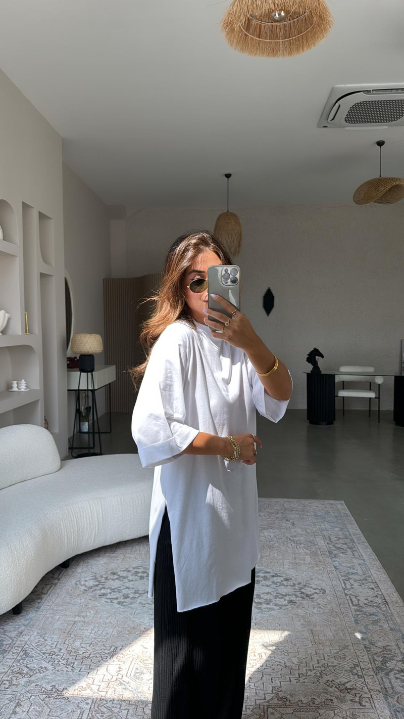 Beyaz Duble Kol Yırtmaçlı Tshirt Tunik