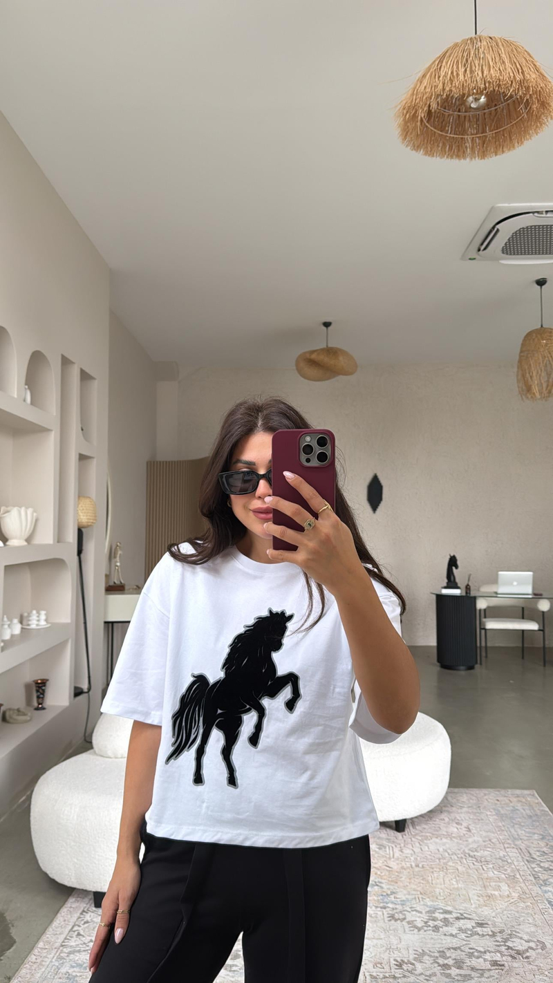 Beyaz Flok At Baskılı Tshirt