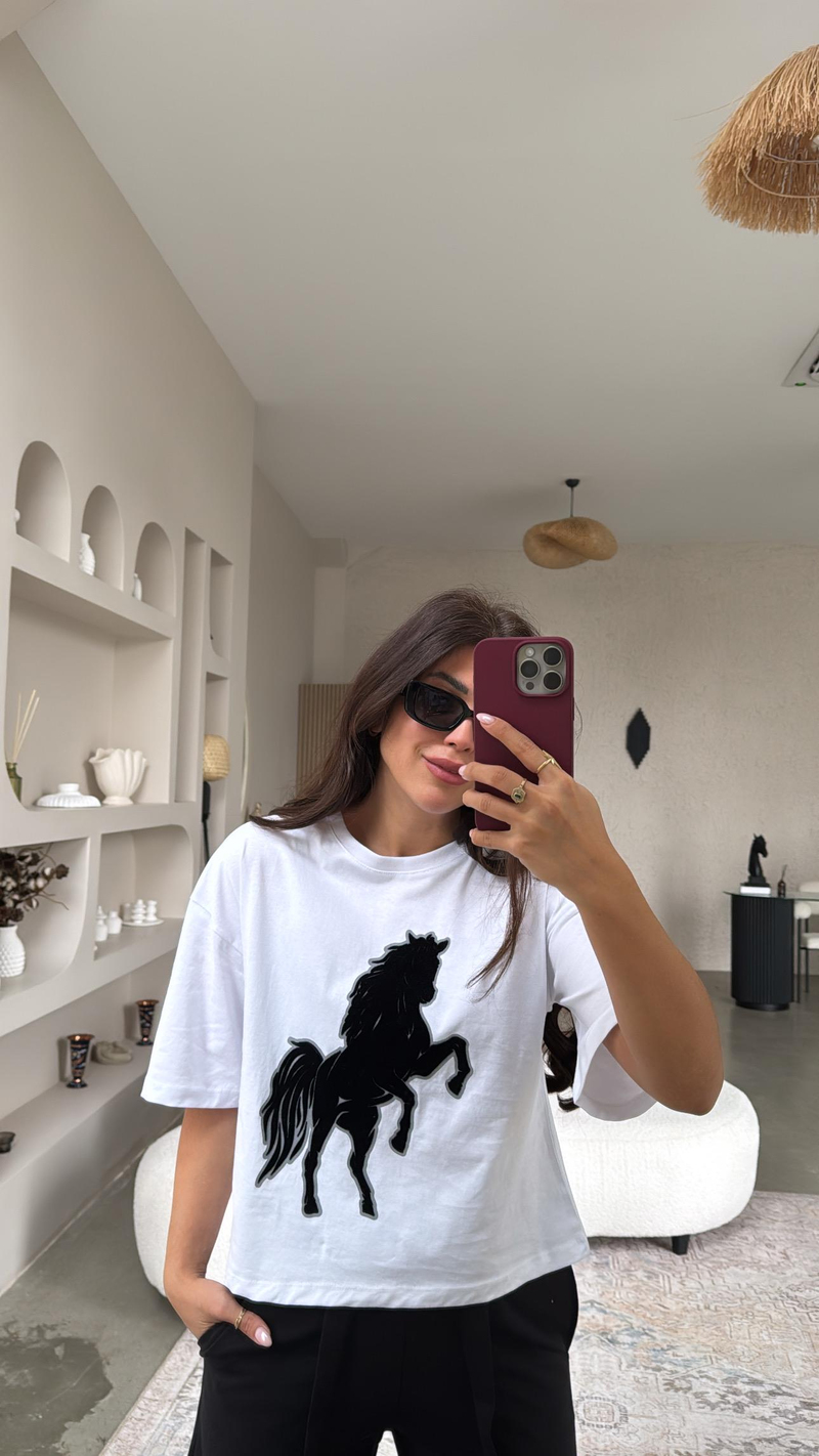 Beyaz Flok At Baskılı Tshirt