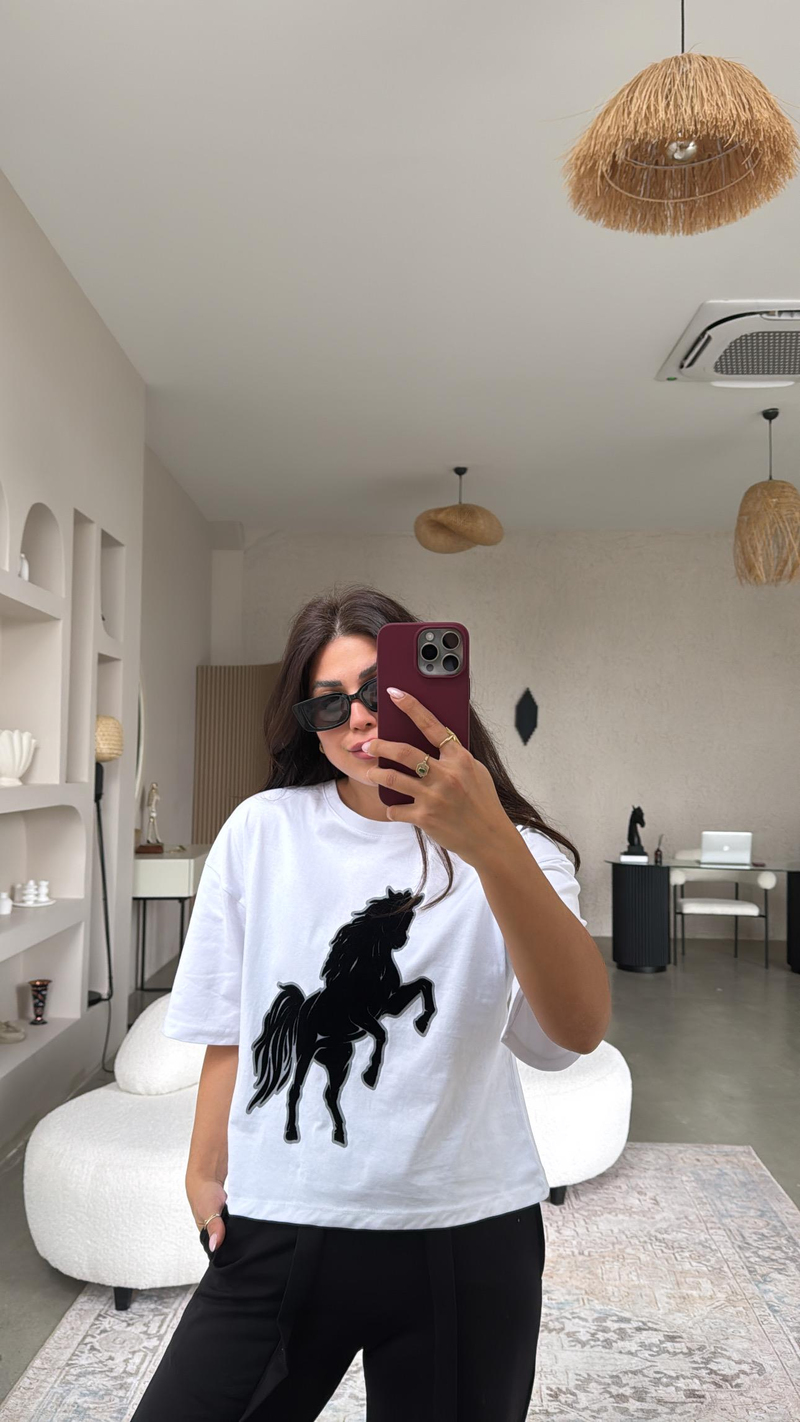 Beyaz Flok At Baskılı Tshirt